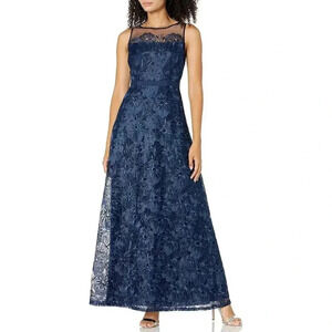 Adrianna Papell Womens Long Metallic Embroidered Dress Color Midnight Size 4M